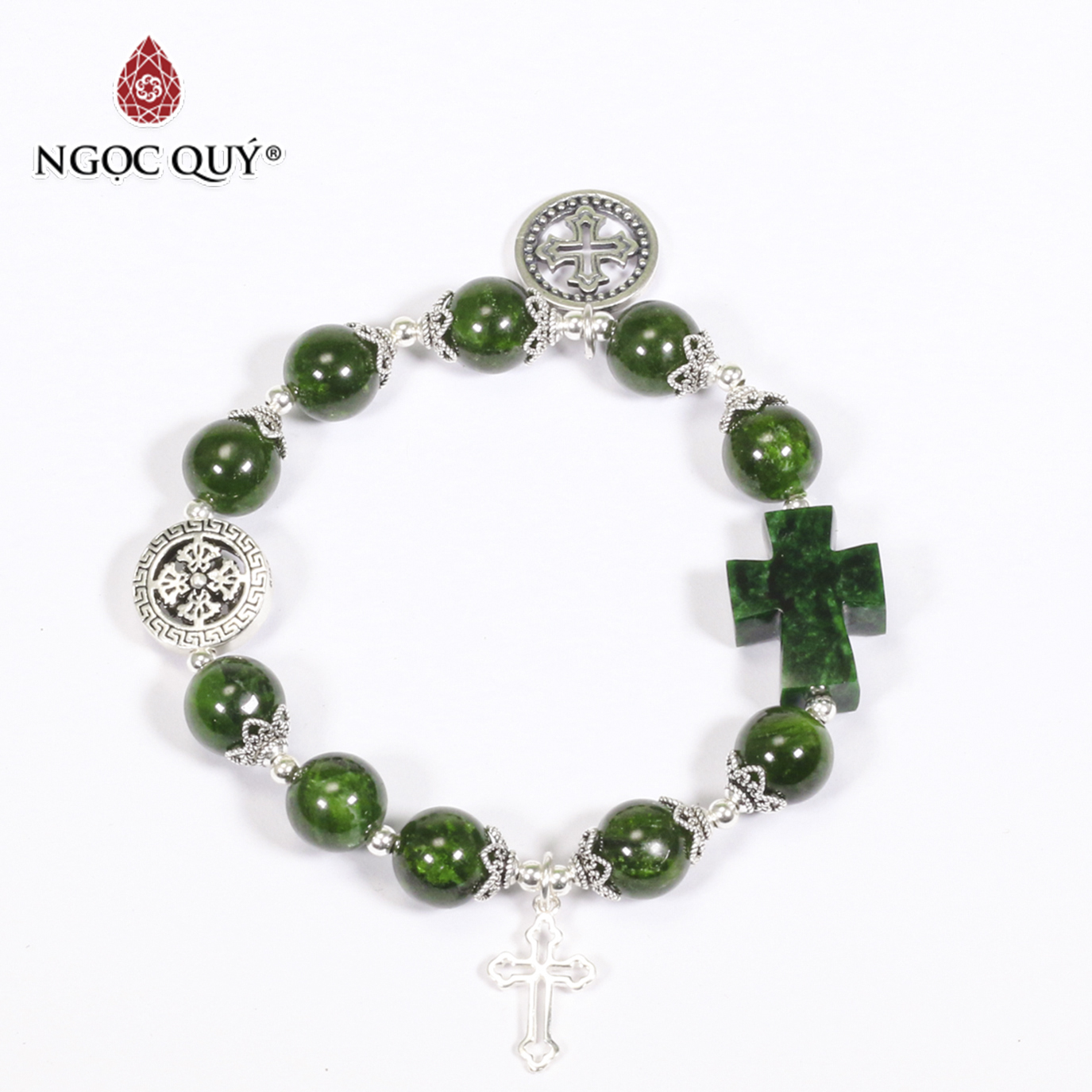 Vòng tay mân côi đá diopside phối thánh giá cẩm thạch sơn thủy charm bạc mệnh hỏa, mộc - Ngọc Quý Gemstones