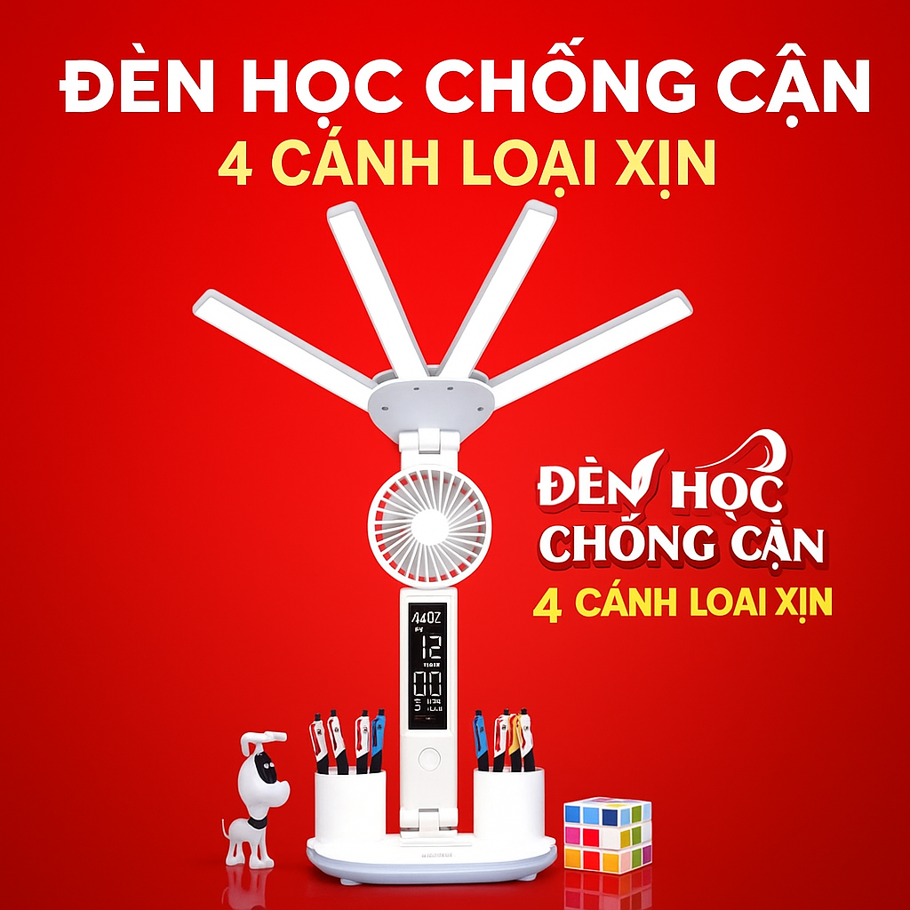 Đèjn Học Chống Cận Đa Chức Năng – 4 Cánh LED, Đồng Hồ, Hộp Bút, Quạt Siêu Mát