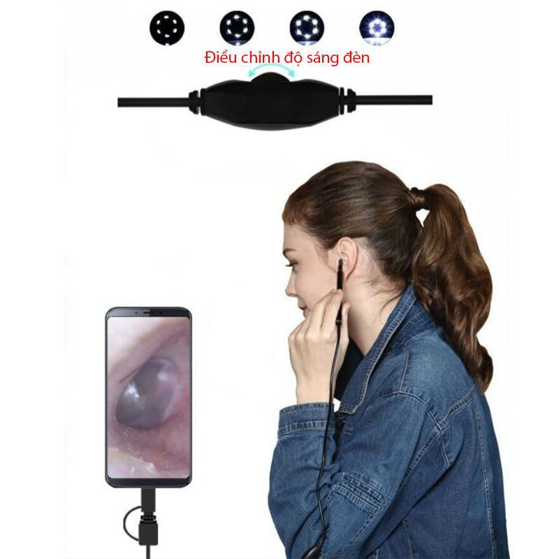Dụng cụ lấy ráy tai dạng camera hỗ trợ smartphone android và máy tính (với 3 đầu kết nối USB, mUSB và Type C)