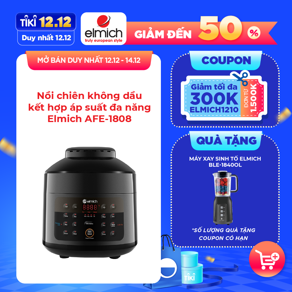 Nồi chiên không dầu kết hợp áp suất đa năng Elmich AFE-1808 - Hàng chính hãng