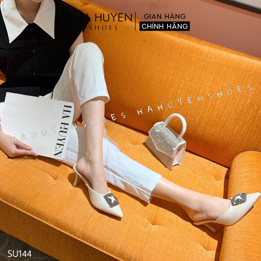 Sục nữ cao gót Hà Huyền Shoes da mũi nhọn đính đá xám gót nhọn 7 phân cao cấp - SU144