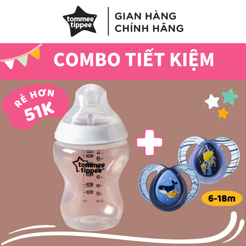 COMBO Ty ngậm Vui Nhộn Tommee Tippee FunFriends 6-18m &amp; Bình Sữa Ty Siêu Mềm Tự Nhiên Tommee Tippee 260ml