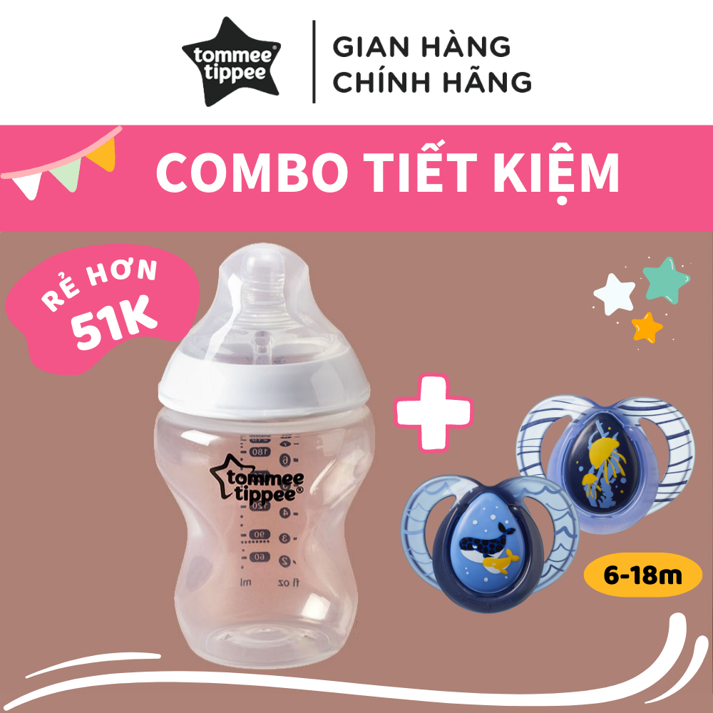 COMBO Bình sữa ty siêu mềm tự nhiên Tommee Tippee Closer to Nature 260ml &amp; Ty ngậm dạ quang cho bé Tommee Tippee Night Time 6-18 tháng (vỉ đôi) - Cá Voi