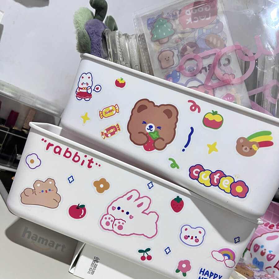 SET 6 Tờ 90 Nhãn Dán Sticker Thỏ Gấu PET Trong Suốt Cute Không Thấm Nước Trang Trí Dễ Thương