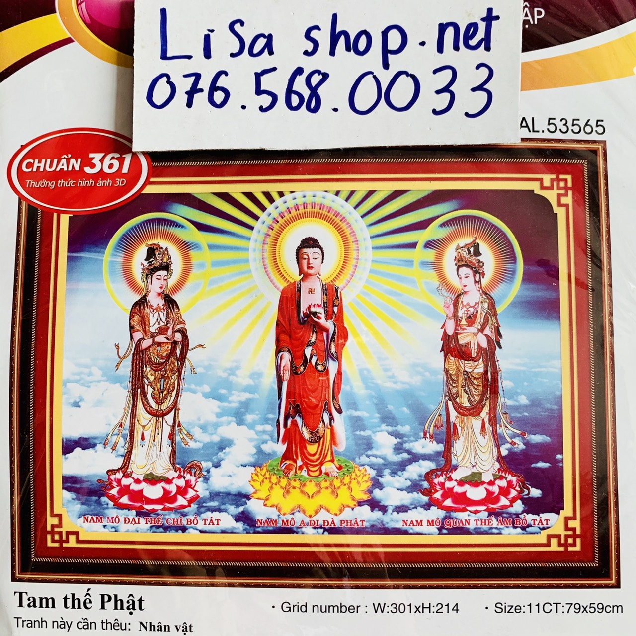 Tranh thêu TAM THẾ PHẬT 53565 (50x70cm) chưa thêu 5d dv6251 (65x80cm)