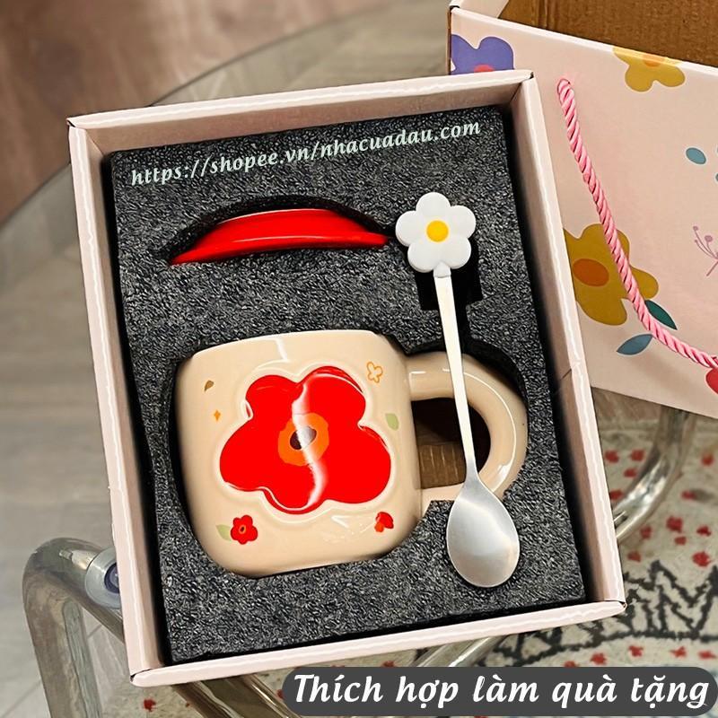 Cốc Sứ Hoa Cúc Có Nắp Tặng Kèm Thìa Bông Hoa Thích Hợp Cafe Văn Phòng, Tặng Quà