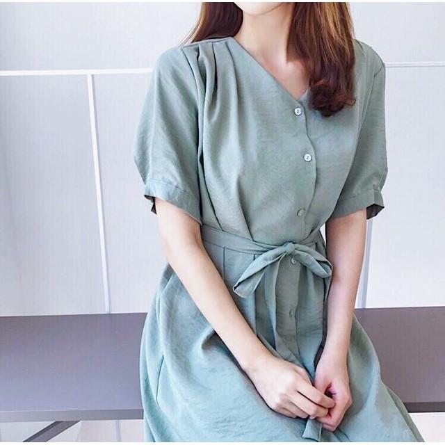 Đầm Dài Suông Xanh Mint Cột Eo