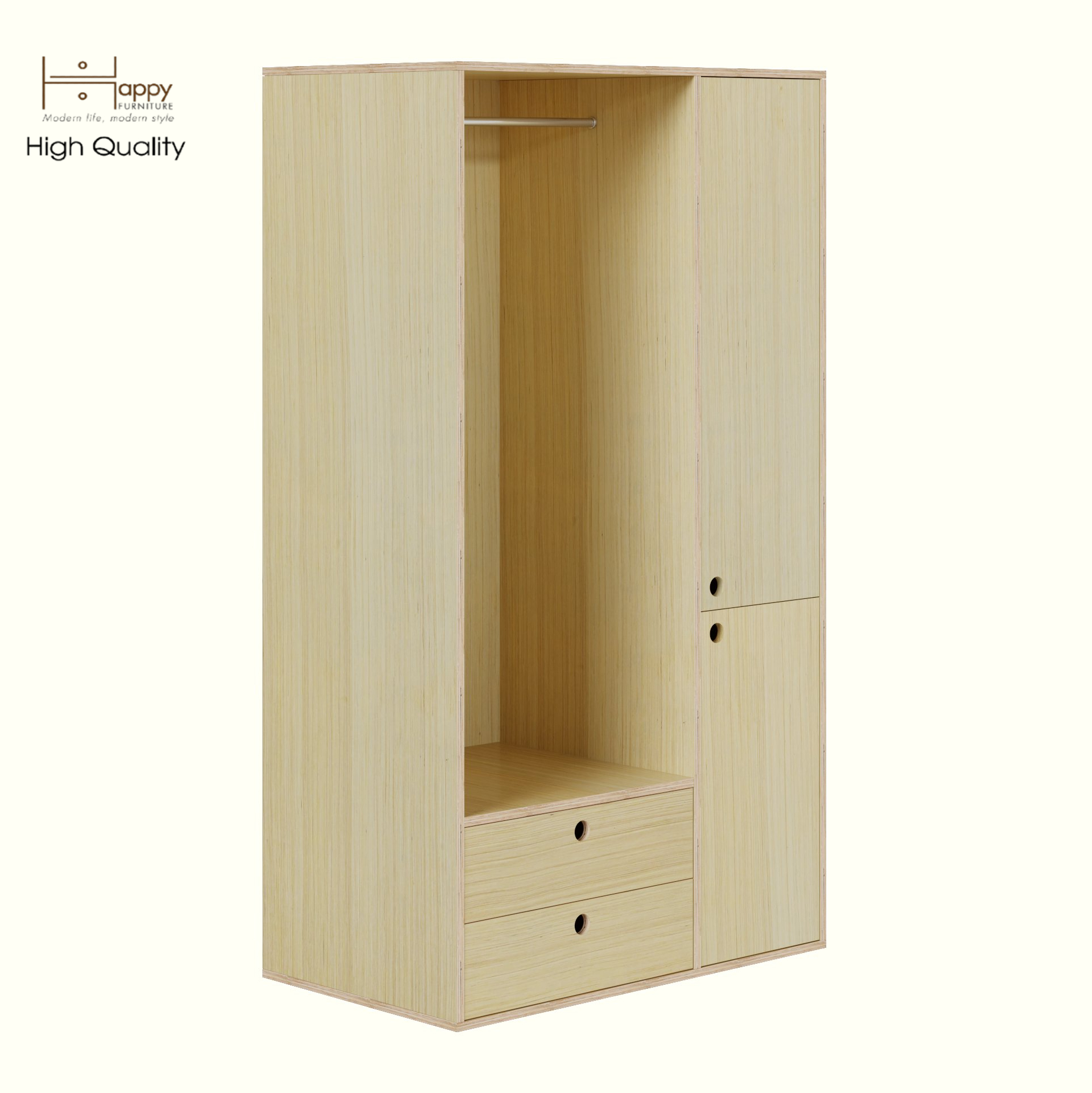 HAPPY FURNITURE , Gỗ tự nhiên , Tủ quần áo 2 cửa mở gỗ Plywood - SANARI , TCM_202 , 100cm x 59cm x 180cm DxRxC