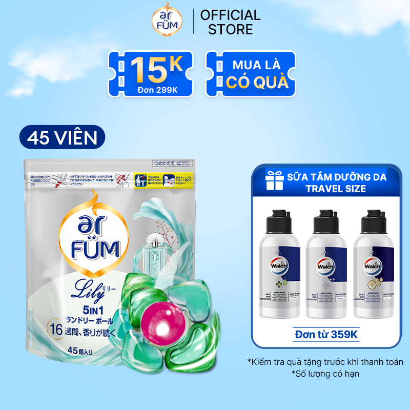 Viên Giặt Quần Áo Arfum 5 Trong 1 Mới Thơm Tinh Dầu Nước Hoa, Khử Khuẩn 99 - 4 Mùi Hương Túi 45 Viên - Lily