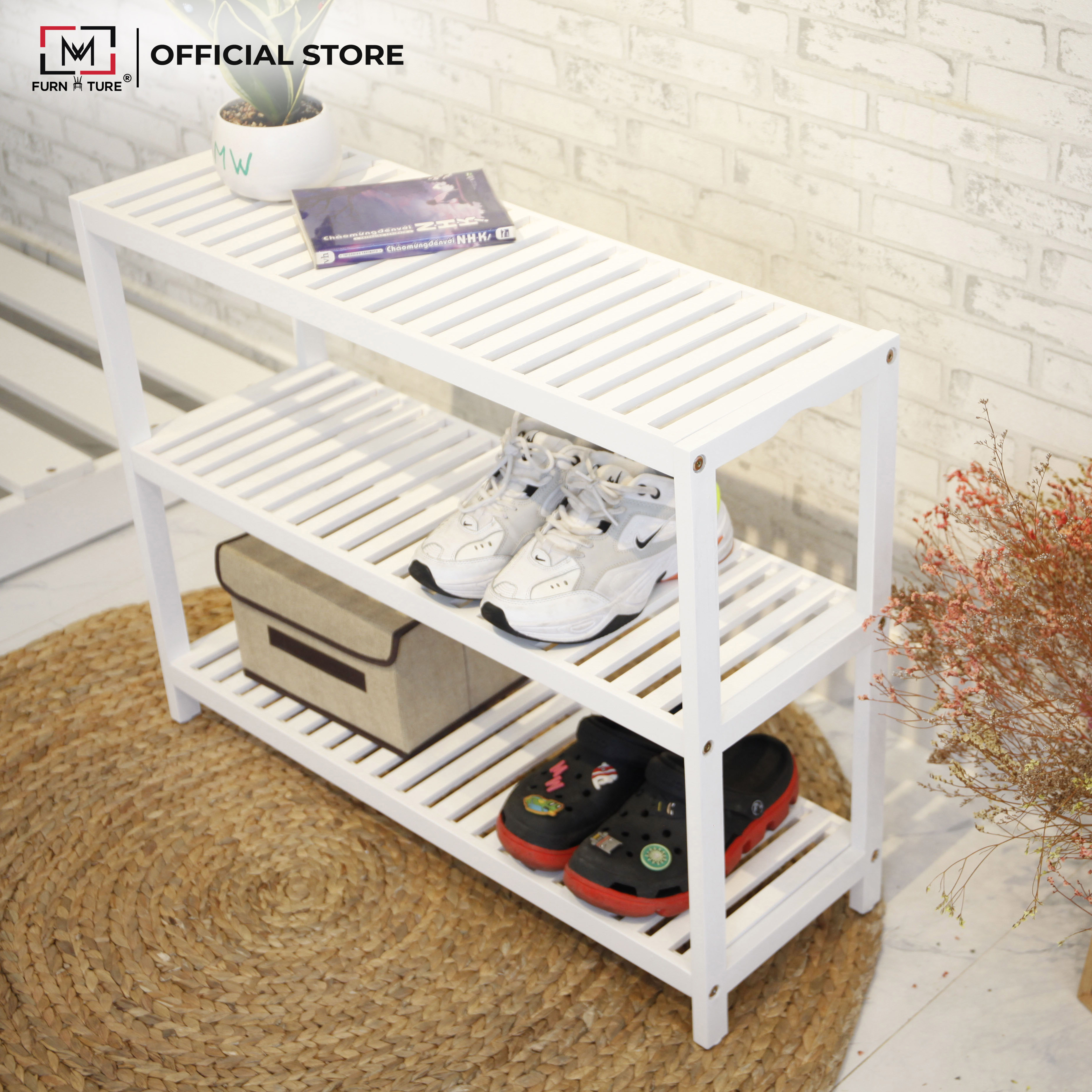 KỆ GIÀY GỖ/ KỆ TRANG TRÍ LẮP RÁP HÀN QUỐC ĐA NĂNG 3 TẦNG - BENCH 3F 800 WHITE