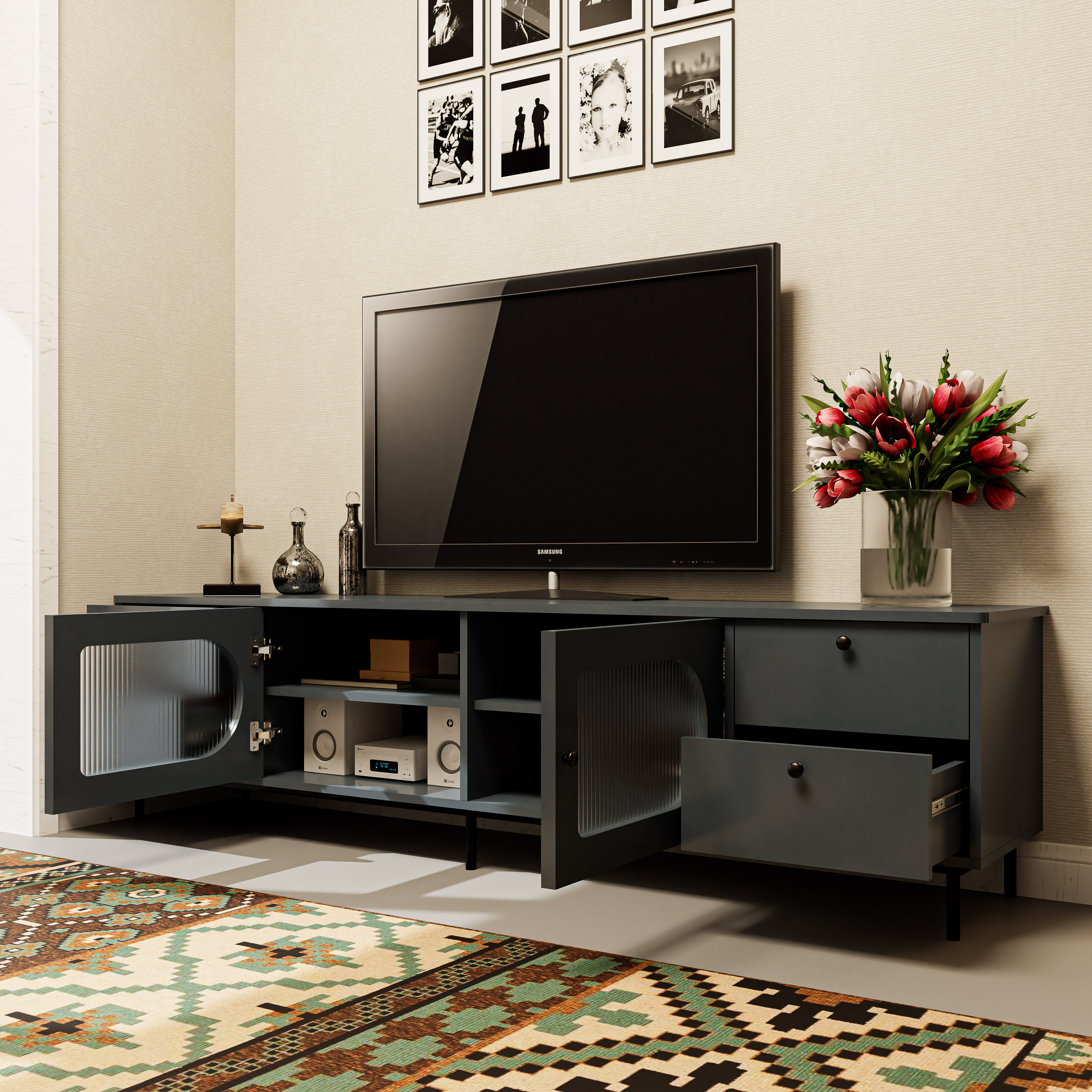 SISEEL, Kệ TV 2 cánh mở 4 ngăn kéo - chân sắt, 200cm x 40cm x 52cm , KTV_052