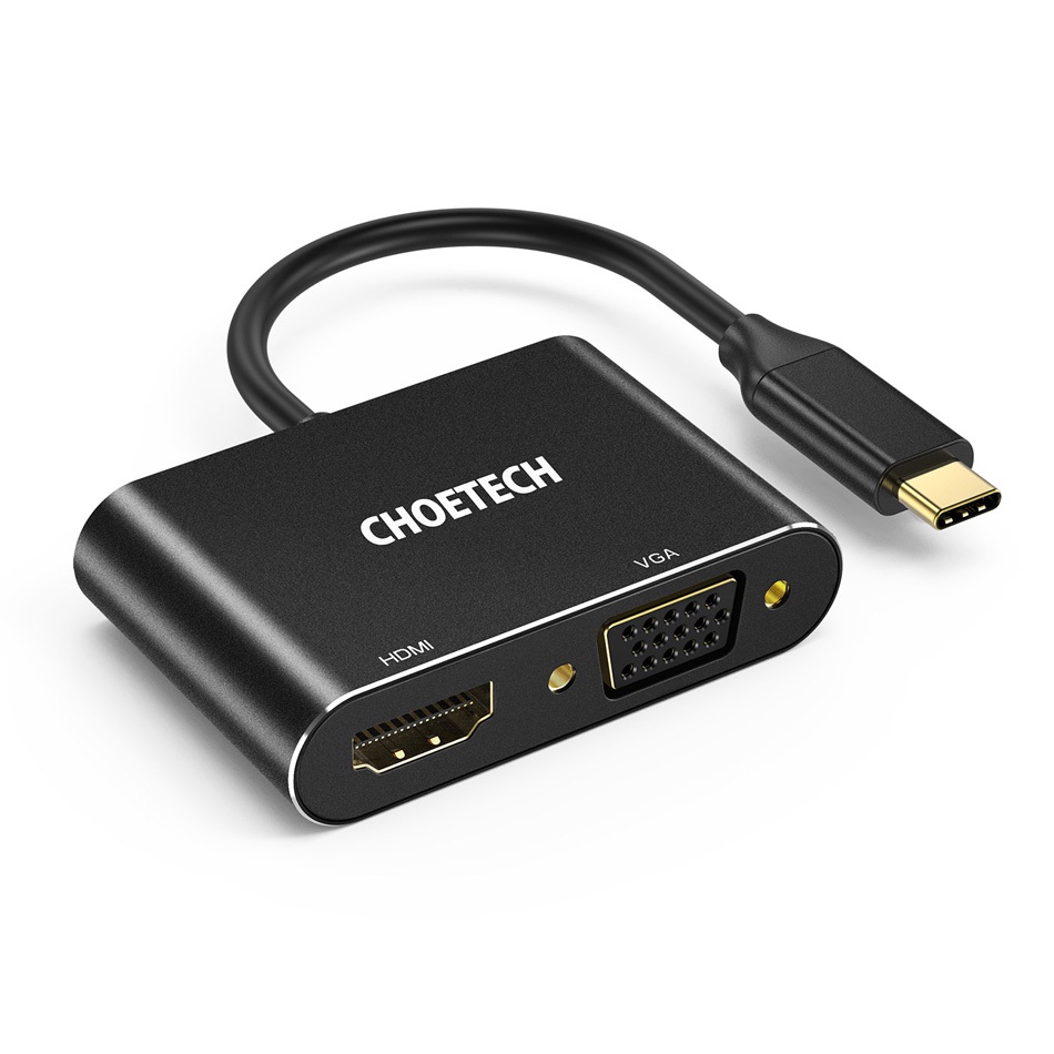 Hub chia cổng đa năng 2 in 1 Type-C thành cổng VGA Full HD &amp; cổng HDMI chuẩn 4K hiệu CHOETECH M07BK dành cho Macbook Pro / Smartphone  - Hàng chính hãng