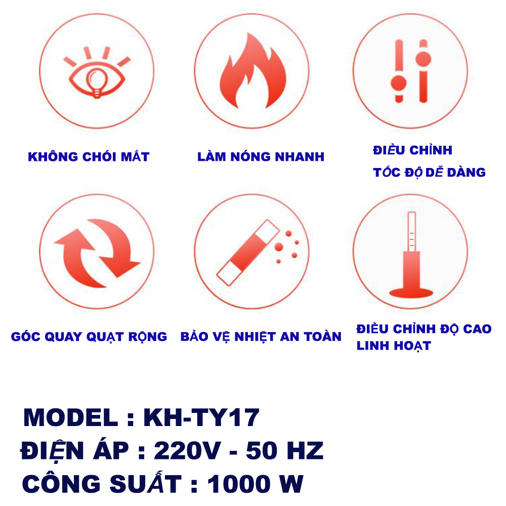 Quạt Sưởi KONKA KH-TY17 - Máy Sưởi Điện Ống HALOGEN Chân Không Làm Nóng Nhanh, Tiết Kiệm Điện, An Toàn, Ánh Sáng Dịu, Yên Tĩnh [HÀNG CHÍNH HÃNG].