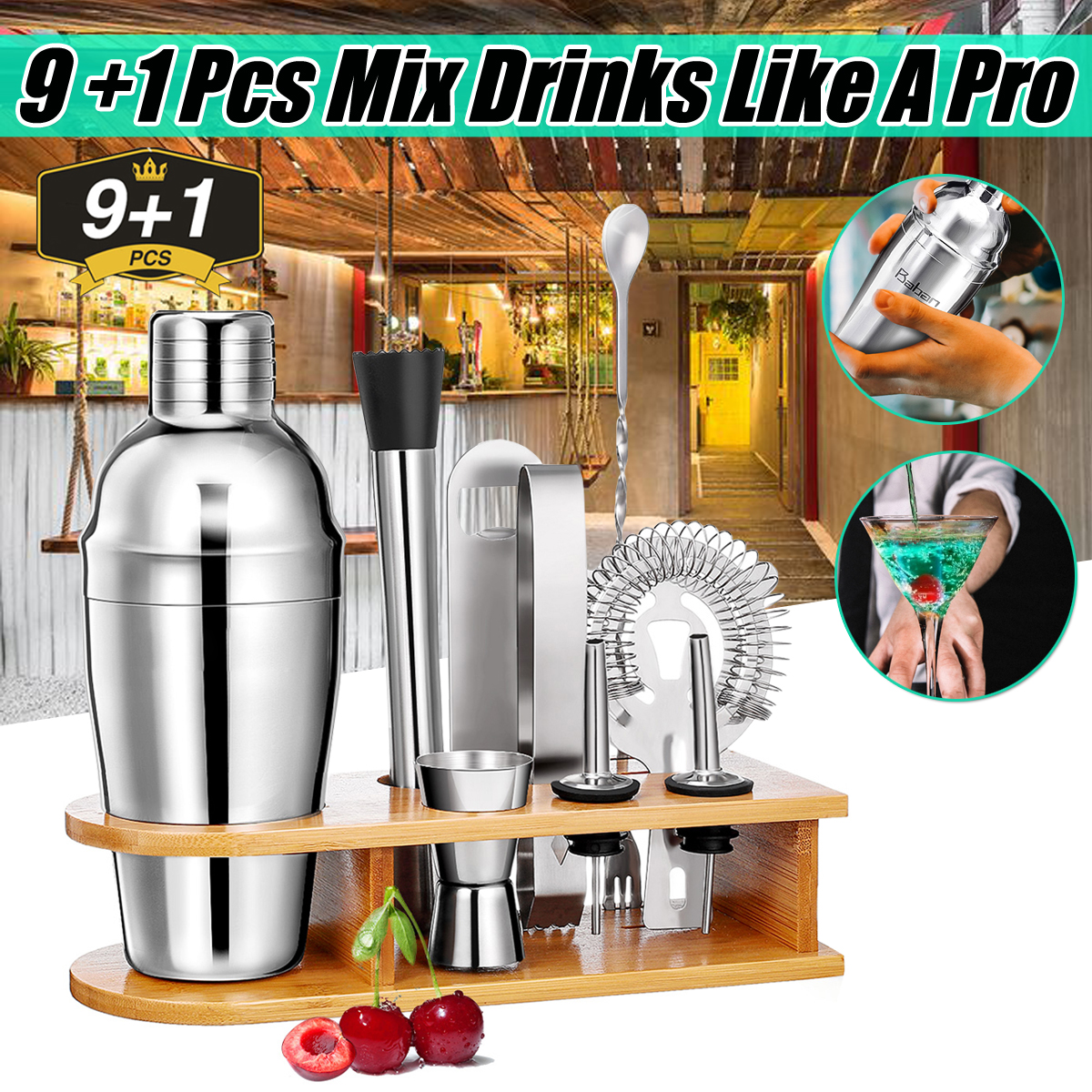 10pcs Cocktail Shaker Bartender Bar Stainless Steel Mixer Bar Bartender Set Kit