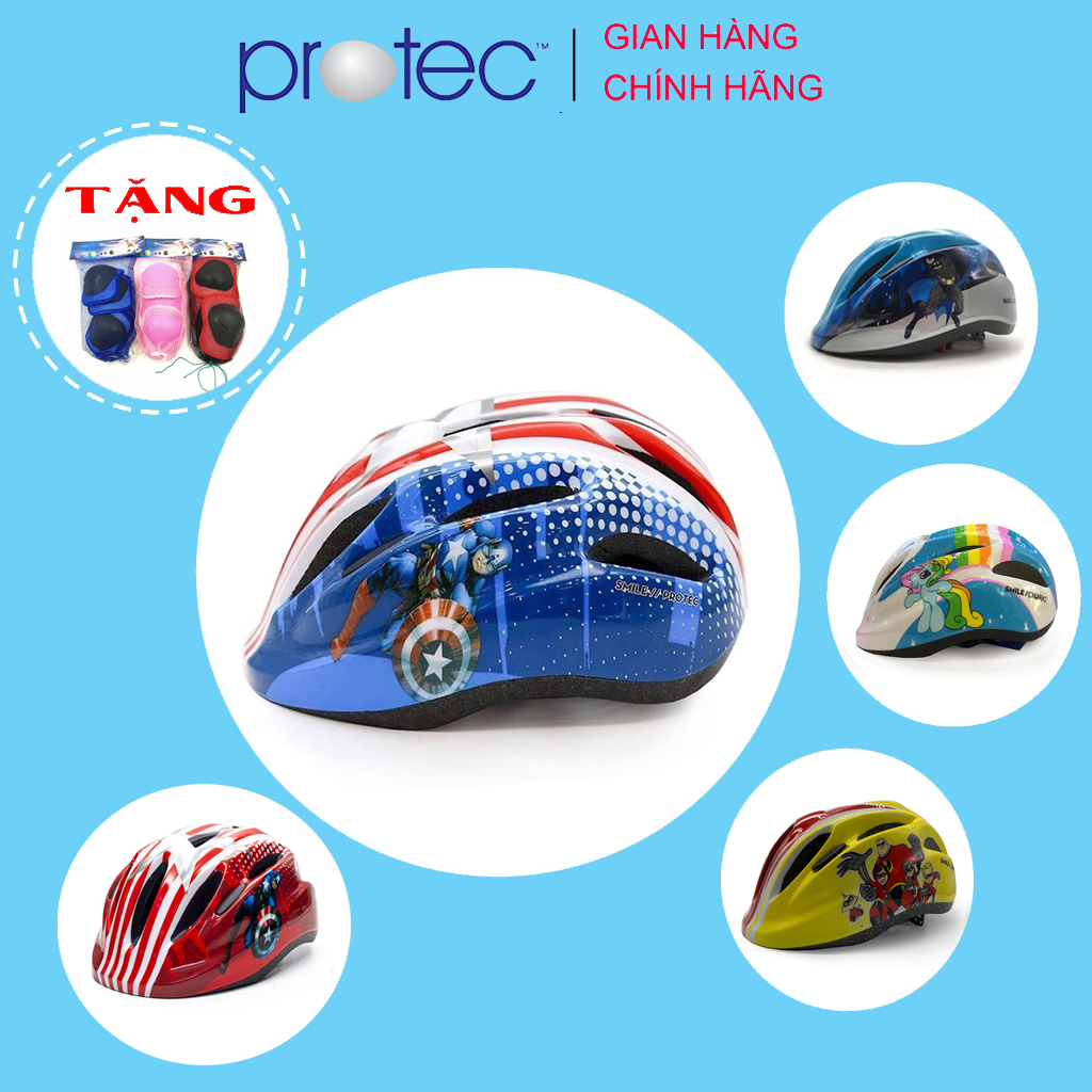 Nón Bảo Hiểm Xe Đạp Trẻ Em Protec Smile Cho Bé Trai Từ 1 - 12 Tuổi, Họa Tiết Mạnh Mẽ, Năng Động, Có Đèn Hậu An Toàn - Hàng Chính Hãng - Captain Xanh - Size M