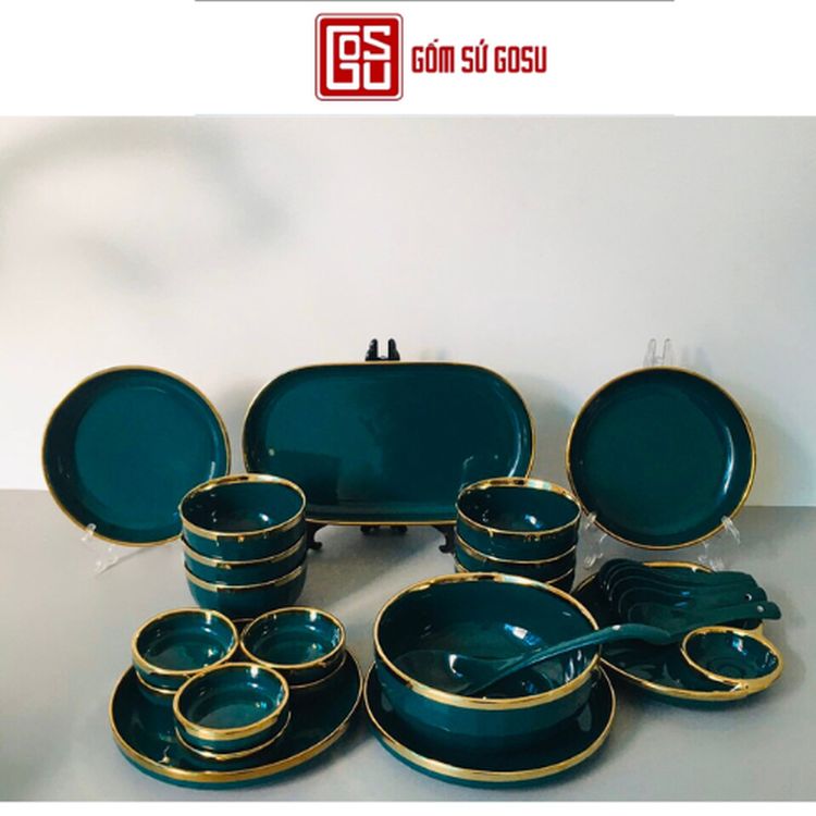 Bộ Bát Đĩa Cao Cấp, Chén Đĩa Decor Đẹp 26 Chi Tiết Xanh Viền Vàng Phong Cách Bắc Âu