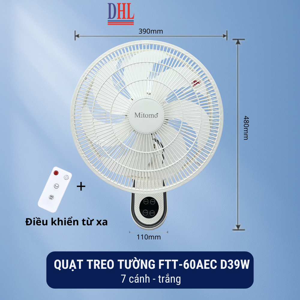 Quạt treo tường FTT-60AEC-D39W có remote, công suất 60W, hẹn giờ thông minh lên đến 12 tiếng - hàng chính hãng Bảo hành 2 năm