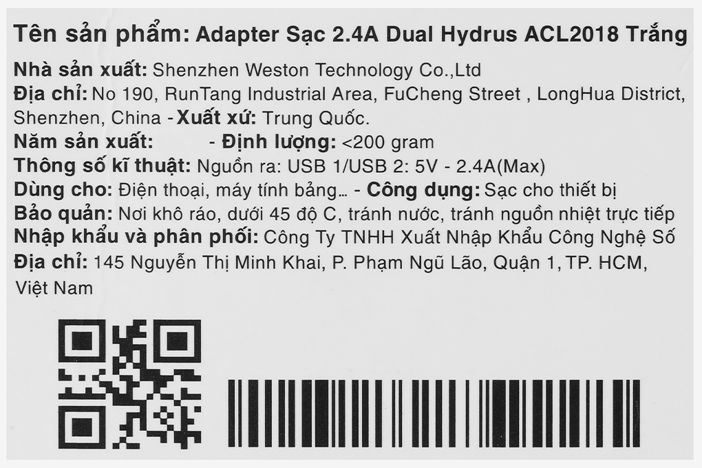 Adapter Sạc 2.4A Dual Hydrus ACL2018 - Hàng chính hãng