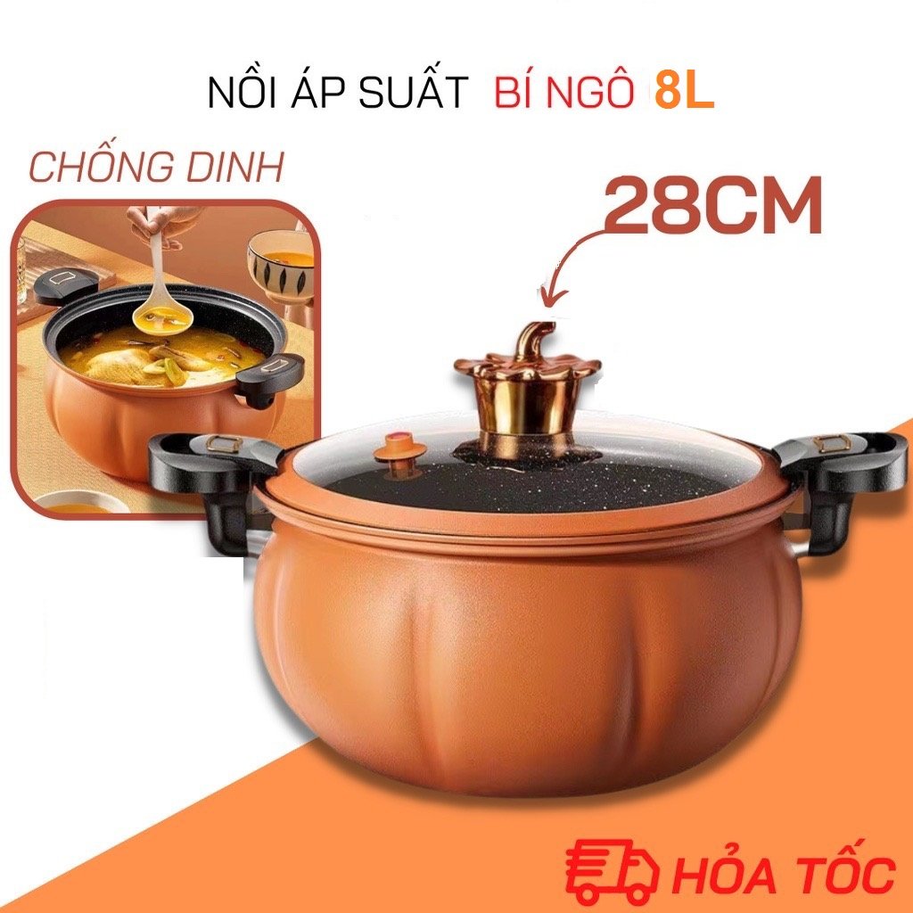 Nồi Áp Suất Bí Ngô Chống Dính 8L  Thông Minh - Nồi Hầm 28cm 4in1 Hầm Gà, Cháo, Nồi Chiên, Xào Nấu Đa Năng