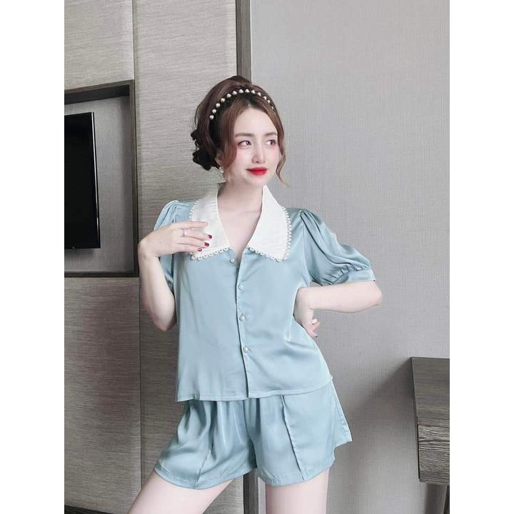 Bộ Pijama, Bộ Lụa LATIN CAO CẤP, Đồ Mặc Nhà Kiểu Quần Ngắn, Lá Cổ Trắng Viền Ren, Hàng Đẹp May Kỹ, Phom Dưới 58kg