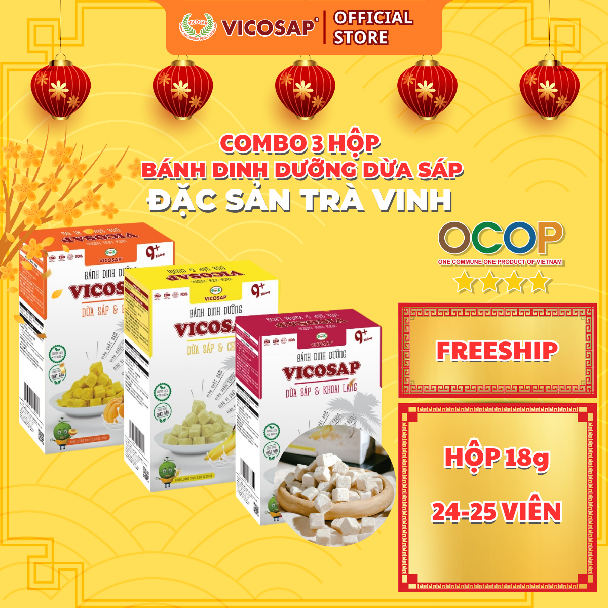 Combo 3 Bánh dinh dưỡng VICOSAP làm từ dừa sáp không chiên qua dầu ăn vặt healthy cho bé
