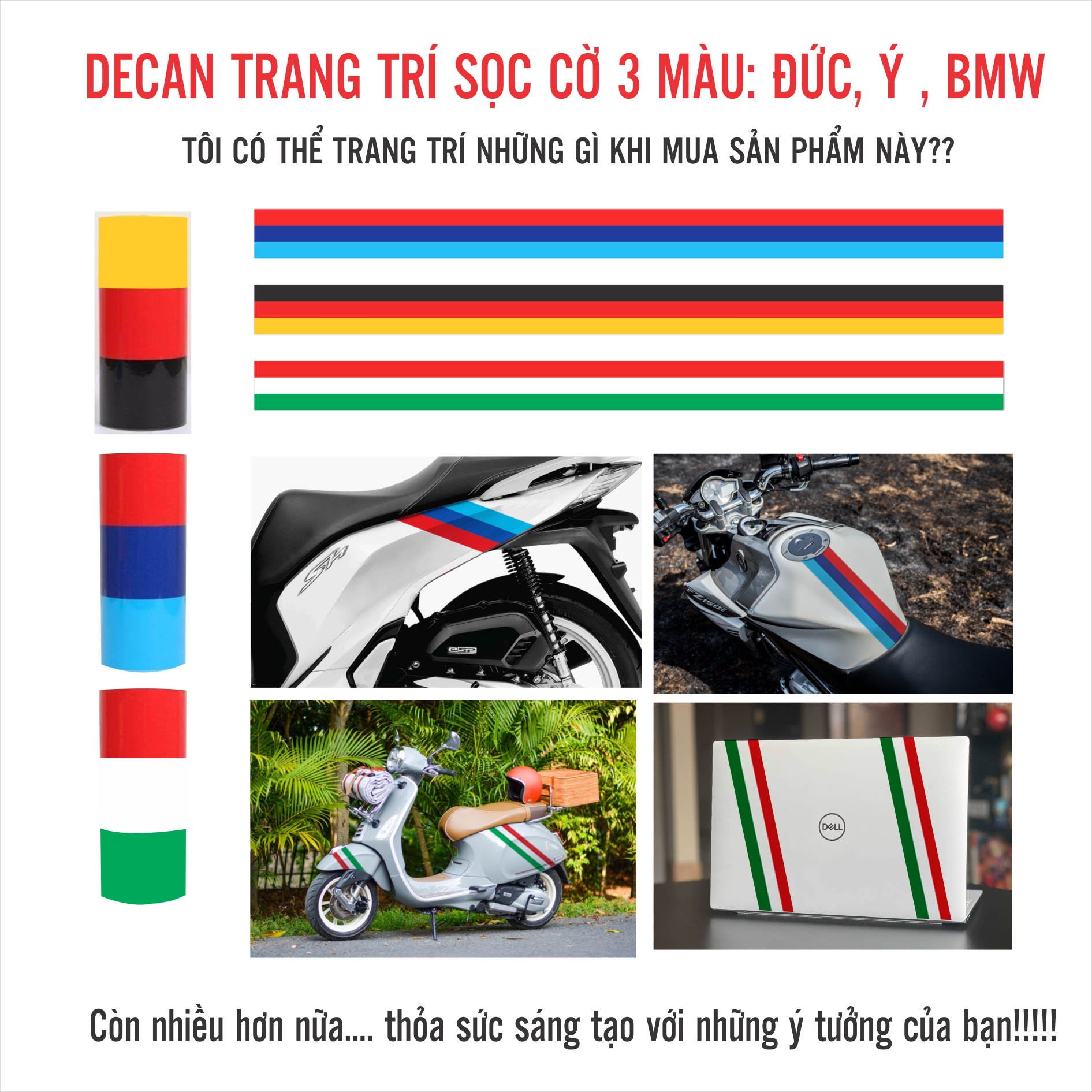 Decan trang trí sọc cờ Đức, cờ Ý, AMG dán xe máy, sườn ô tô, xe nam, nắp capo, laptop...có kèm đồ dán tại nhà dễ sử dụng