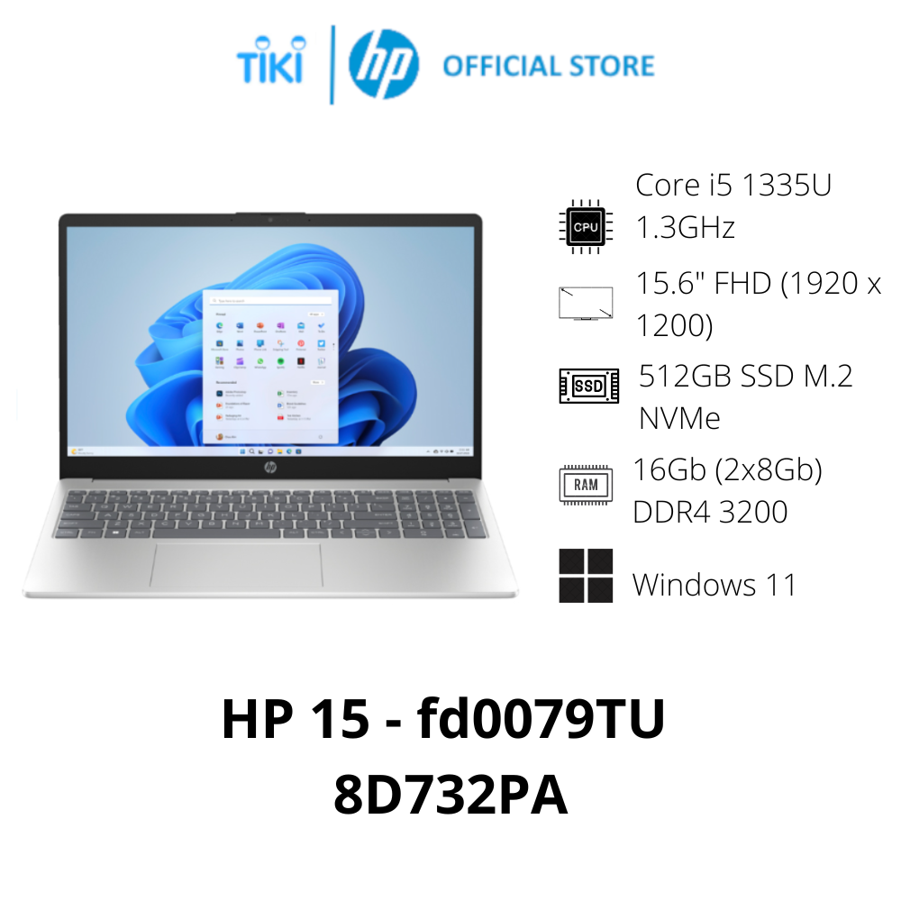 Laptop HP 15 fd0079TU 8D732PA (Core i5 1335U/ 16GB/ 512GB SSD/ Intel Iris Xe Graphics/ 15.6inch Full HD/ Windows 11 Home/ Bạc/ Vỏ nhựa) - Hàng Chính Hãng