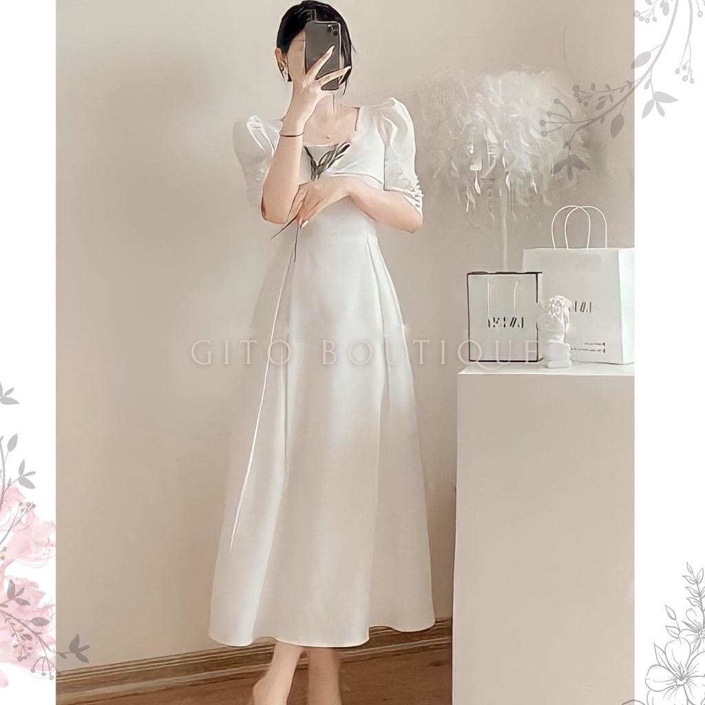 VÁY TRẮNG MIDI TAY BỒNG - ĐẦM DỰ TIỆC CHÉO NGỰC - GD204
