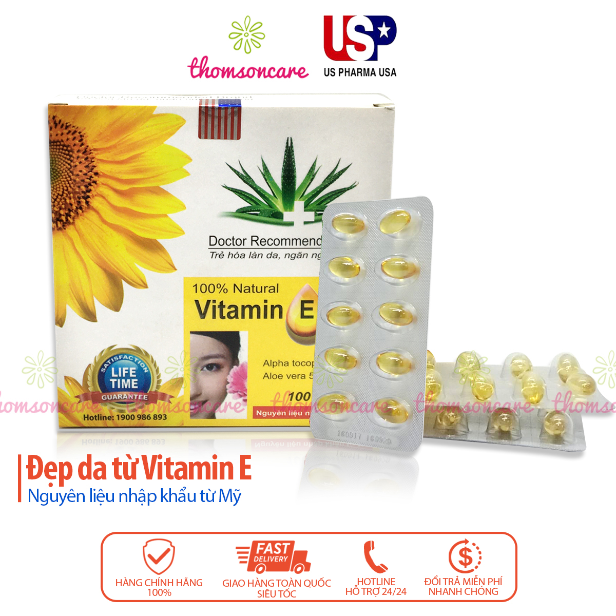 Viên uống Vitamin E 400 hướng dương - Giúp làm đẹp da, ngăn ngừa lão hóa, tốt cho sinh lý, giúp tóc chắc khỏe - Hộp 100v