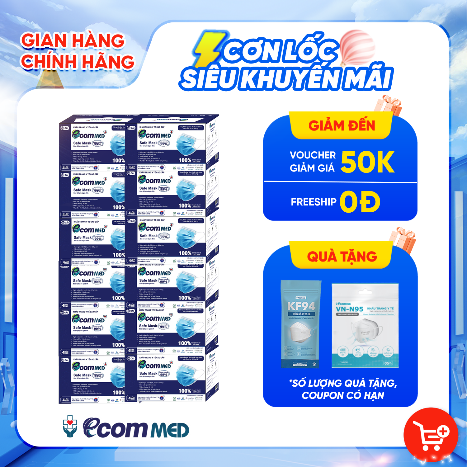 Thùng 12 Hộp Khẩu Trang Y Tế EcomMed 4 Lớp Kháng Khuẩn 99 Hộp 50 cái – Xanh