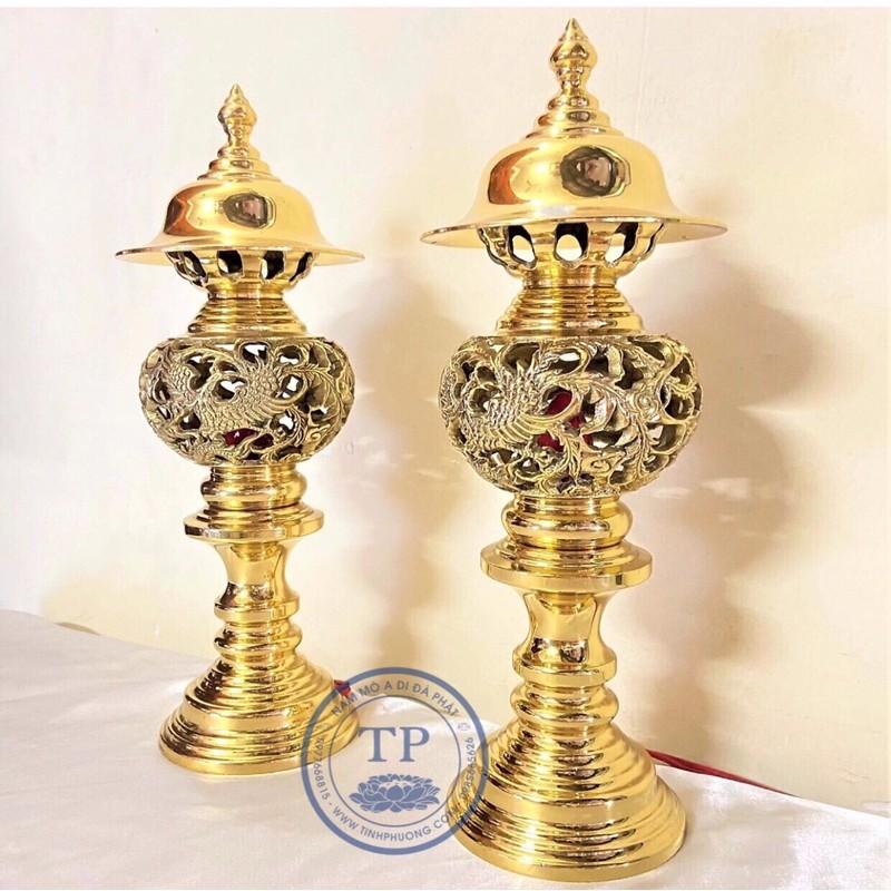 Đôi đèn thờ bằng đồng vàng nguyên chất mẫu đục thủng công phượng cao 30cm - TL148
