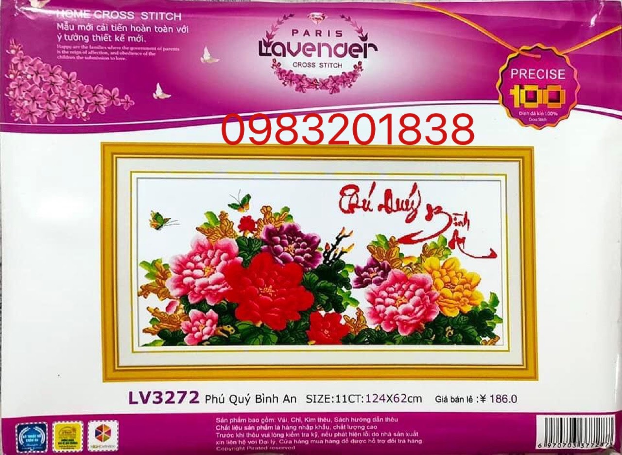 Tranh thêu chữ thập Phú quý bình an LV3272 - hoa mẫu đơn