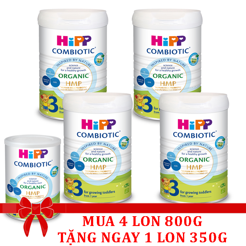 Combo 4 lon Sữa bột Hipp số 3 Organic Combiotic HMP 800gr Mẫu Mới tách tem tặng 1 lon 350gr