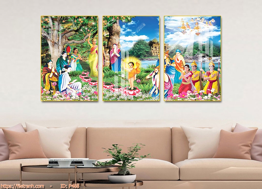 Bộ 3 Tranh Tráng Gương Phật Giáo, Phật Thích Ca, Phật Di lạc, Quán Thế Âm Bồ Tát, Tam Thế Phật Treo Tường Cao Cấp