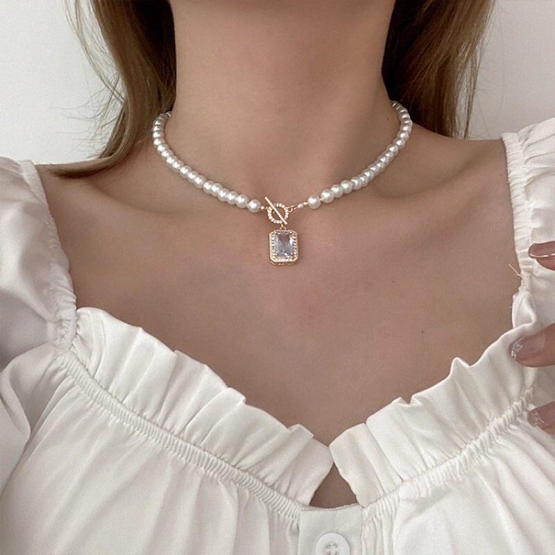 Chuỗi Cổ Ngọc Trai Nước Ngọt Choker 6 Ly Mix Mặt Đá Cổ Điển - Trường Thịnh Ngọc Trai