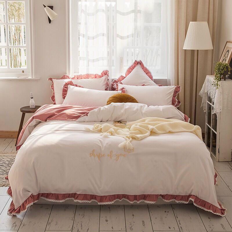 Bộ chăn ga Cotton Silk phối bèo M2T bedding Chăn ga Hàn Quốc cao cấp miễn phí bo chun