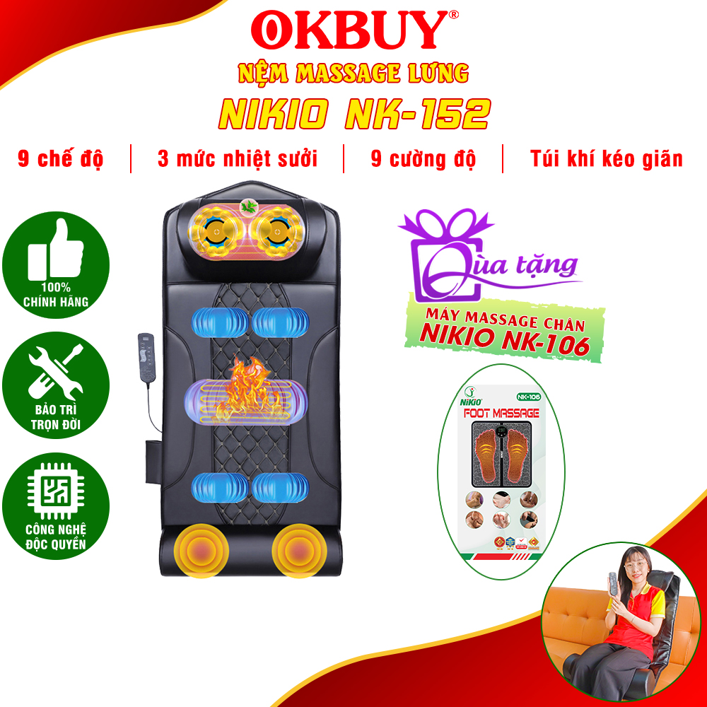 Nệm (Máy) Massage Toàn Thân Nikio NK-152 - Dòng Cao Cấp Có Gối Matxa Cổ Vai Gáy, Mát Xa Đa Năng Với Công Nghệ Xoa Bóp Con Lăn, Rung Và Túi Khí Nâng Đỡ Kéo Giãn Cột Sống - Mát Xa Thư giãn, Giảm Stress, Giảm Đau Mỏi Cổ, Lưng, Mông, Chân