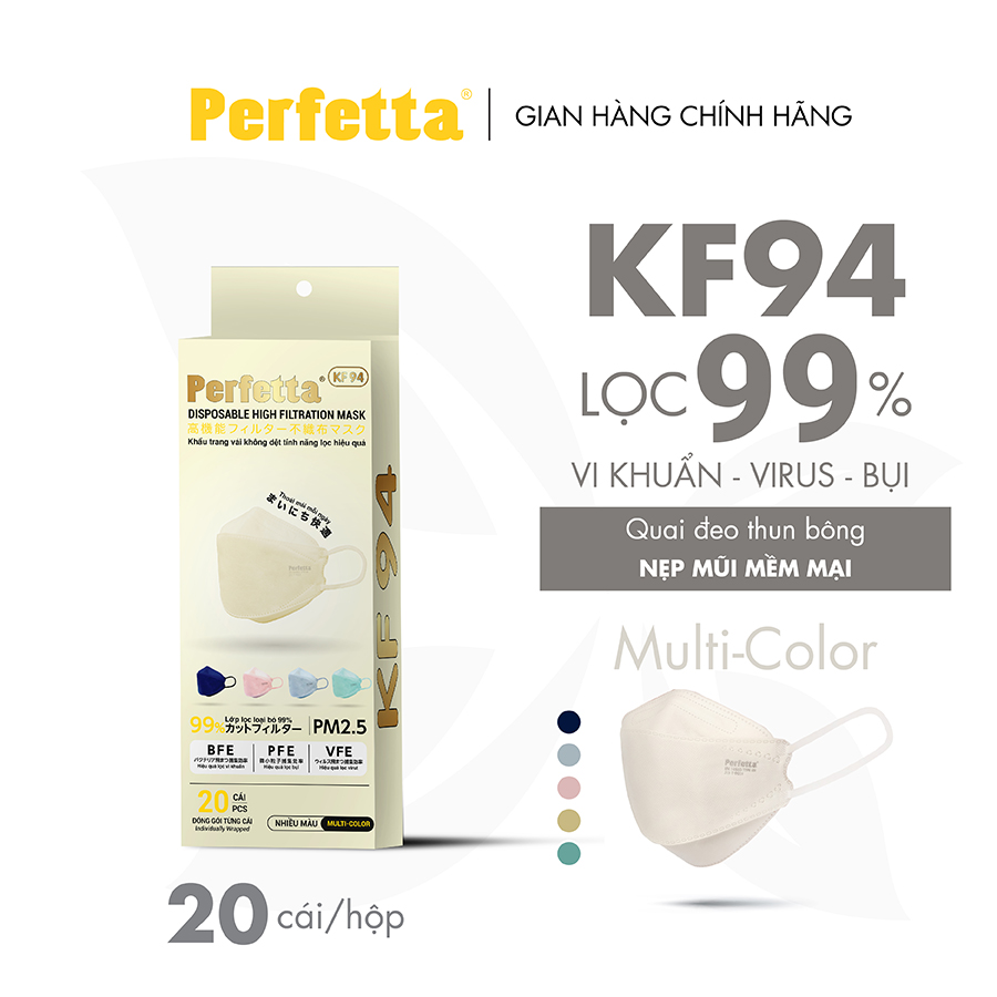 1 Hộp - Perfetta Kf94 - Khẩu Trang Phong Cách Hàn Quốc Chất Lượng Cao, Kháng Khuẩn, Chống Bụi Mịn, 3 Lớp, Bảo Vệ Tối Ưu, Đóng Gói Từng Cái - 20 Cáihộp - Multicolor