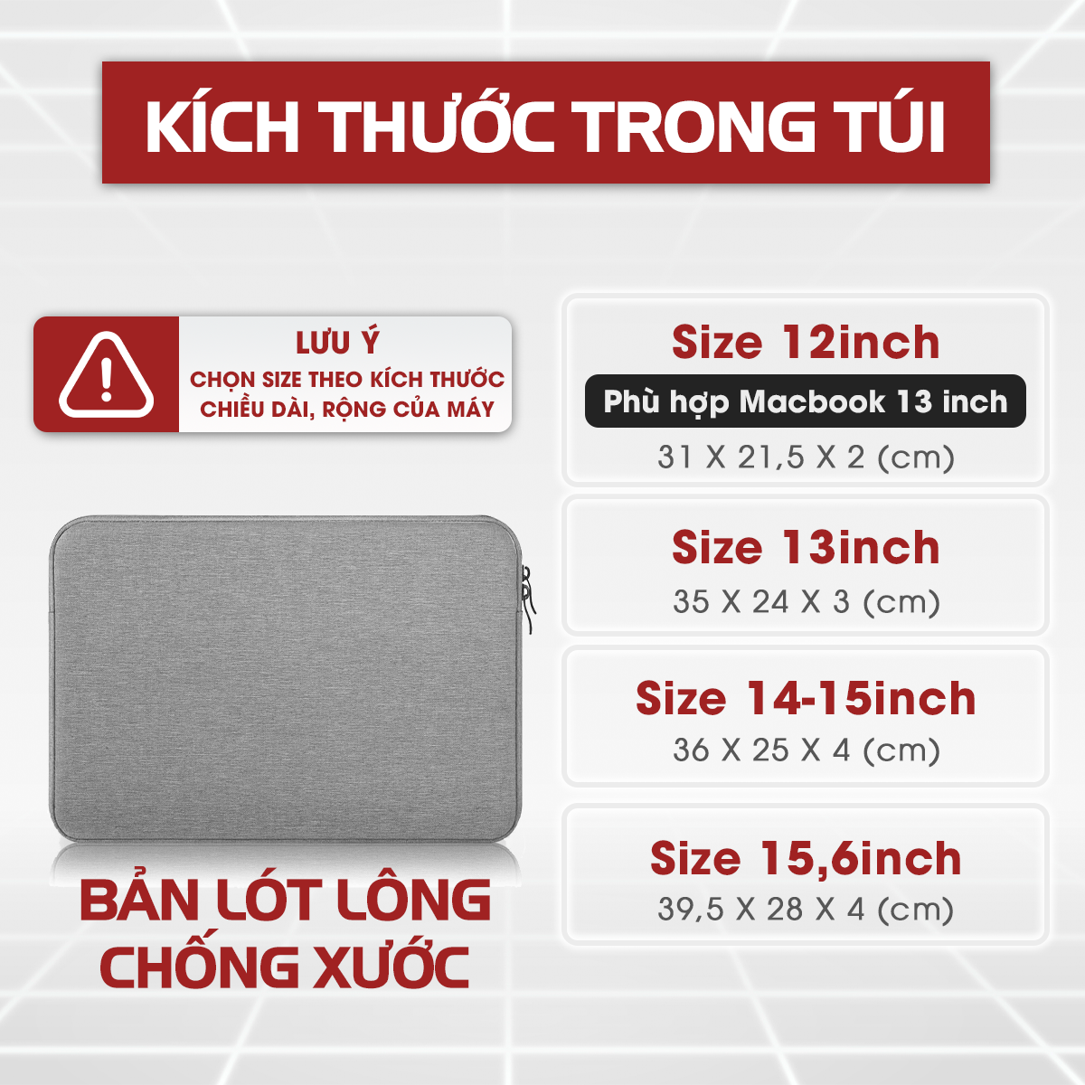 Túi chống sốc laptop lót lông mềm mại, chống xước laptop phù hợp size 13 inch, 14 inch, 15.6 inch