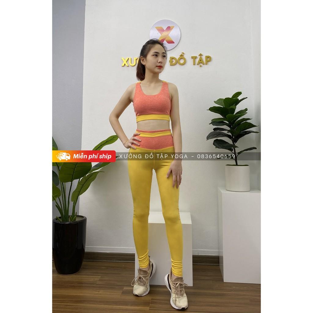 Hàng thiết kế độc lạ - Cam kết ảnh và video thật 100% - SET ĐỒ TẬP - Yoga, Gym, Aerobic - Vàng phối cam lưng đan dây