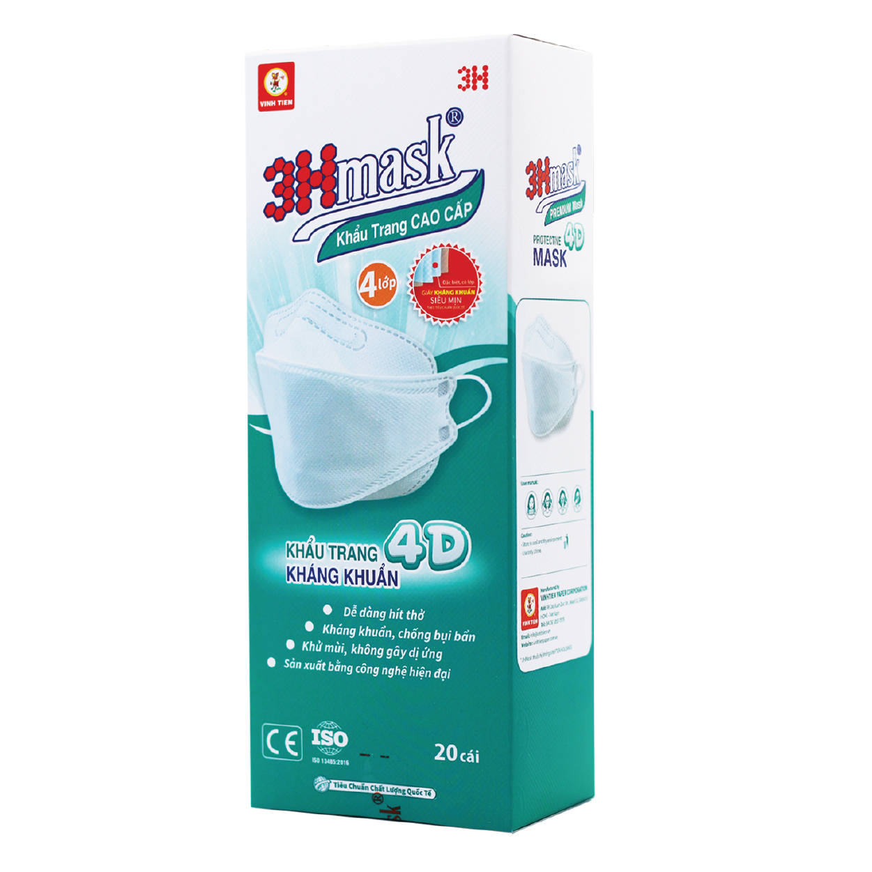 Khẩu Trang 3Hmask 4D Quai Tròn Trắng (20 cái) - Kháng Khuẩn Cao Cấp ôm khít mặt, không lem son