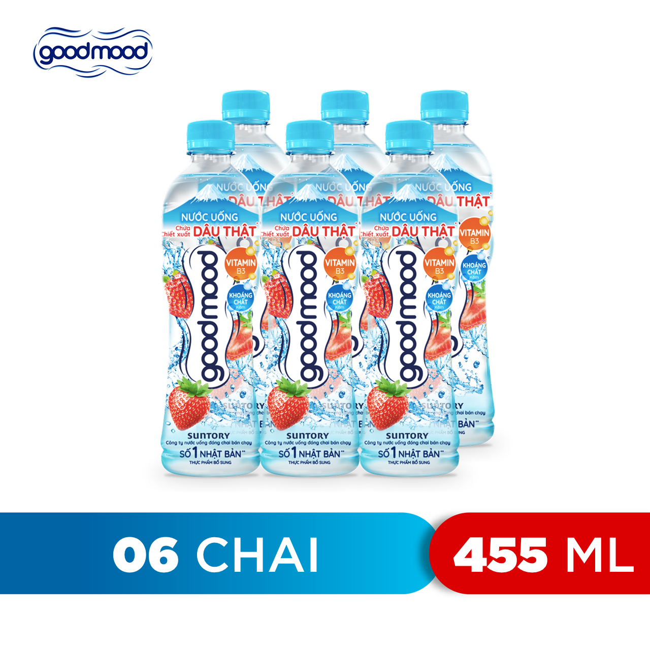 Lốc 6 Chai Nước Uống Chứa Chiết Xuất Dâu Thật Good Mood (455ml/Chai)