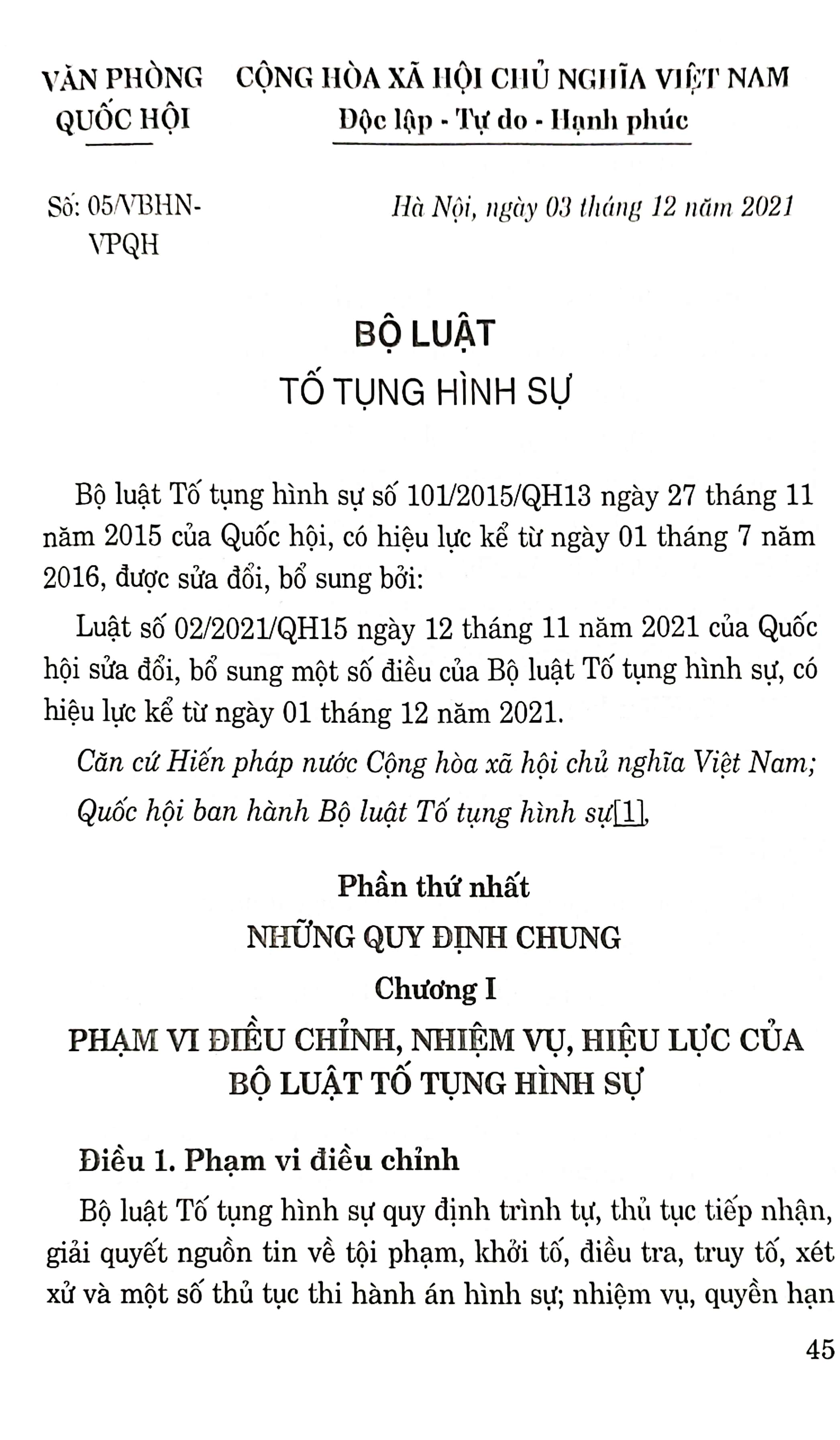 Bộ luật tố tụng hình sự (hiện hành) sửa đổi, bổ sung năm 2021 - Áp dụng từ 01-12-2021