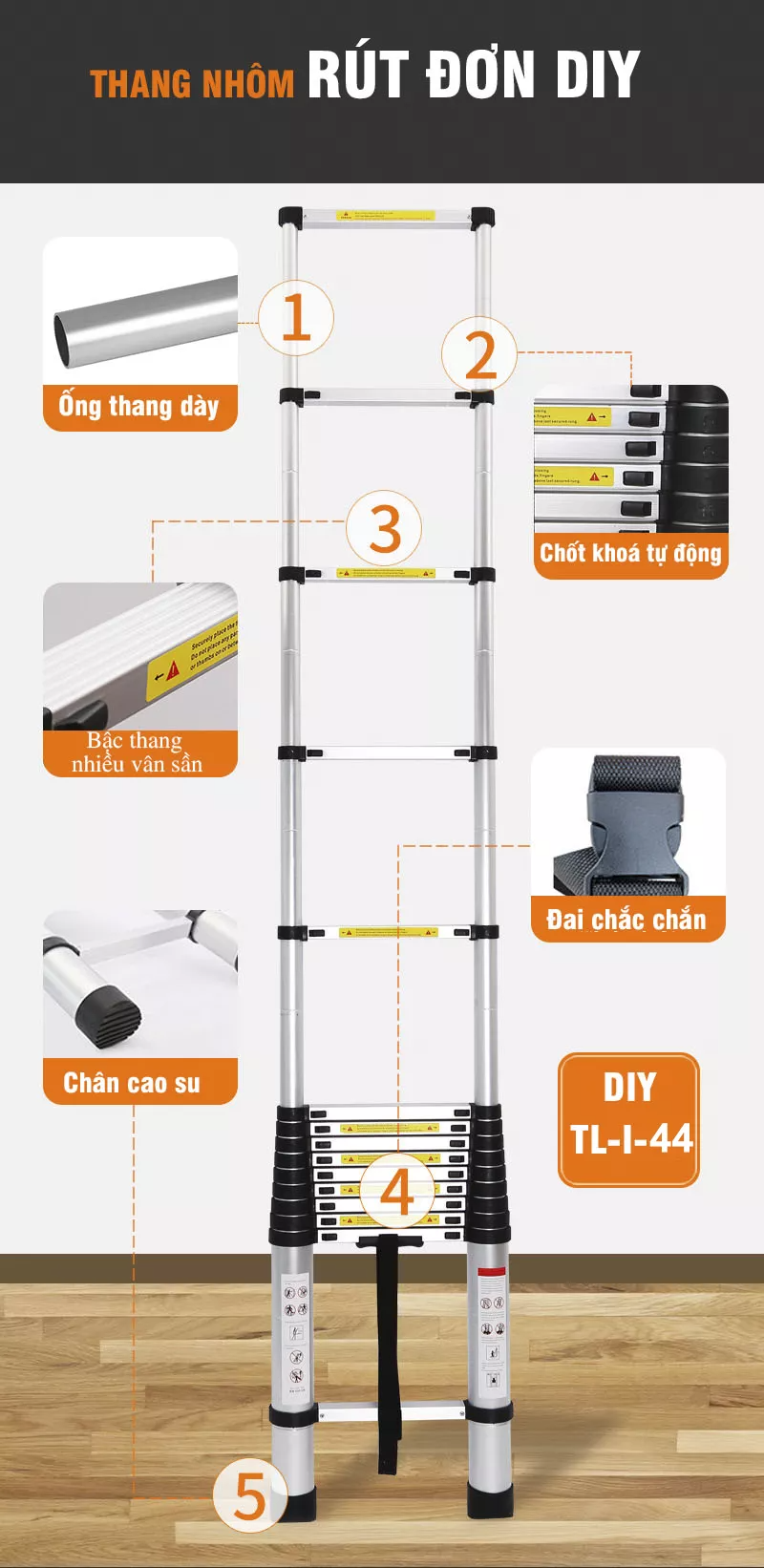 Thang nhôm rút đơn DIY TL-I-44 - Hàng chính hãng - Tiêu chuẩn EN131