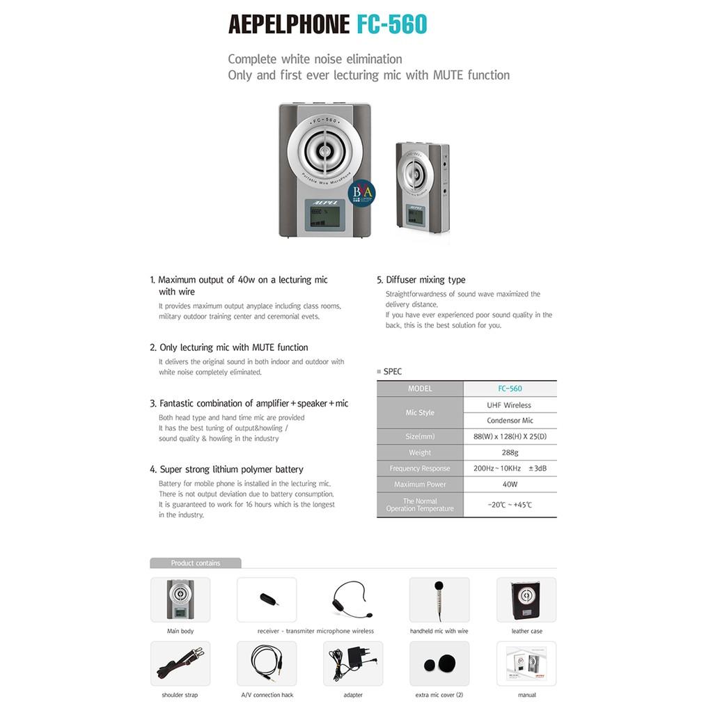 MÁY TRỢ GIẢNG KHÔNG DÂY HÀN QUỐC AEPEL FC560 MADE IN KOREA, LOA 40W - HÀNG CHÍNH HÃNG