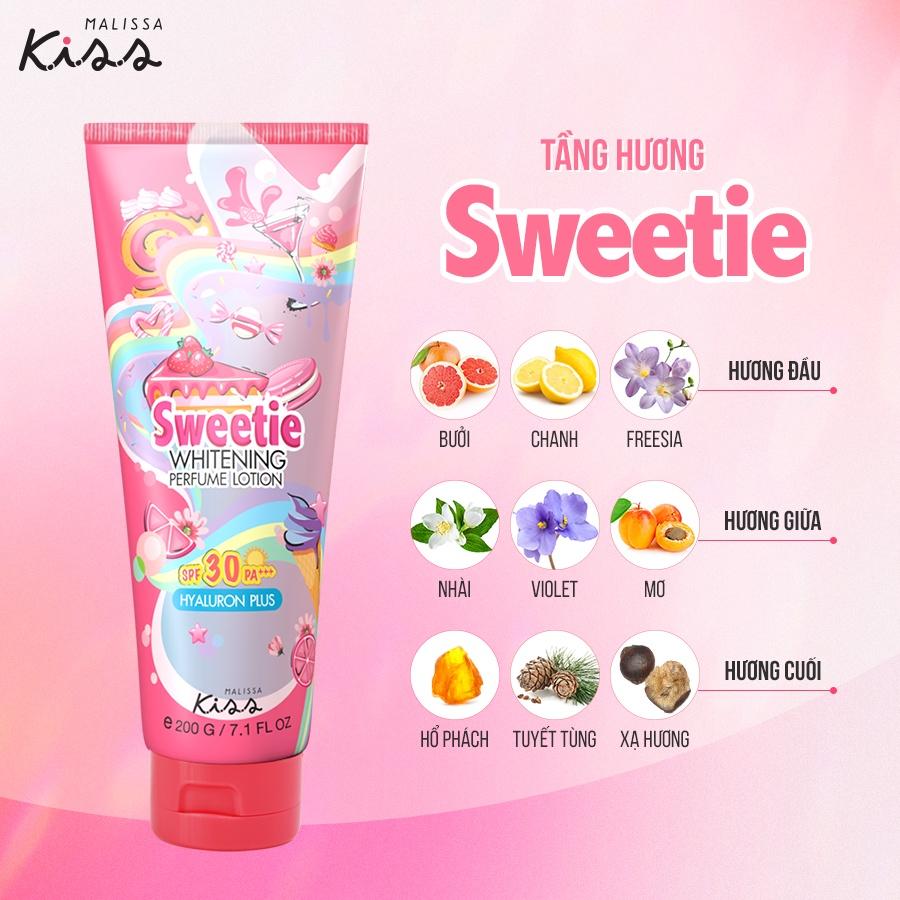 Dưỡng Ẩm Chống Nắng Hương Nước Hoa Malissa Kiss Whitening Perfume Lotion SPF30 Pa+++ Sweetie 200g