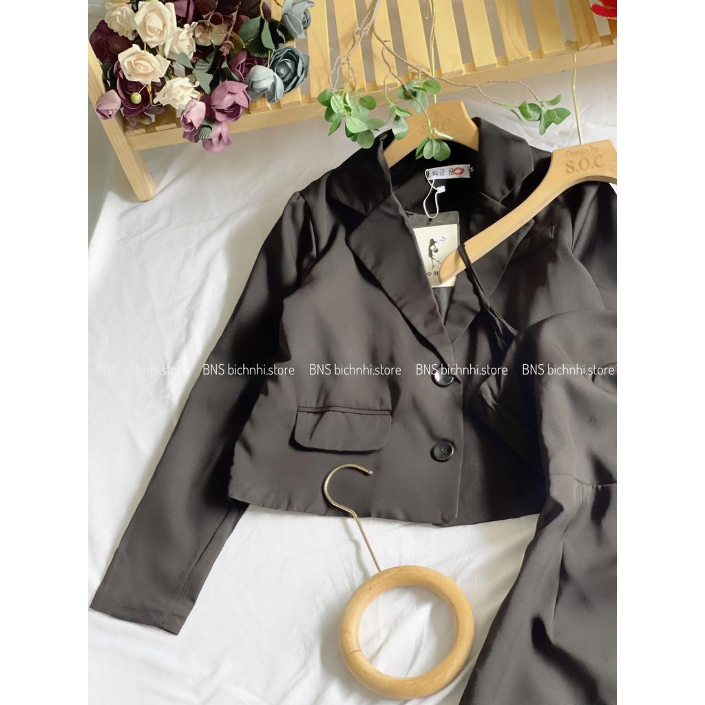 SET ĐẦM 2 DÂY &amp; BLAZER NGẮN - Cami Dress &amp; Lapel Collar Button Front Crop Blazer SET - BY BNS LOVIE SET BNS004Đ