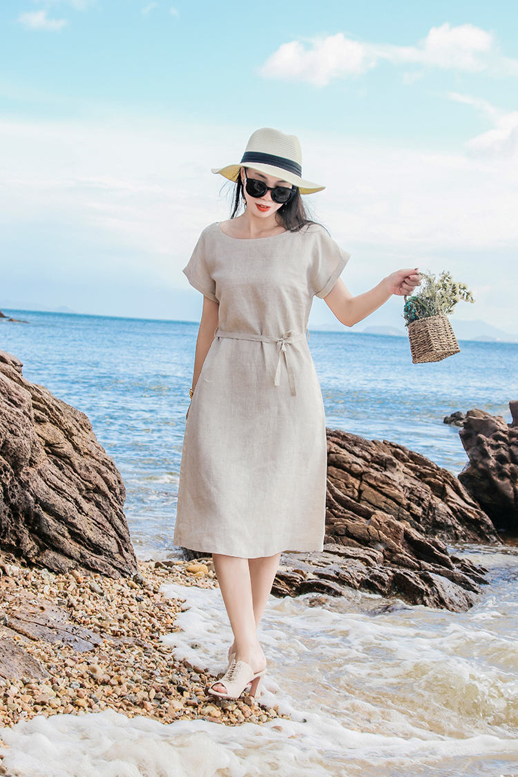 Váy linen cổ V- Đầm midi linen suông Đũi Việt