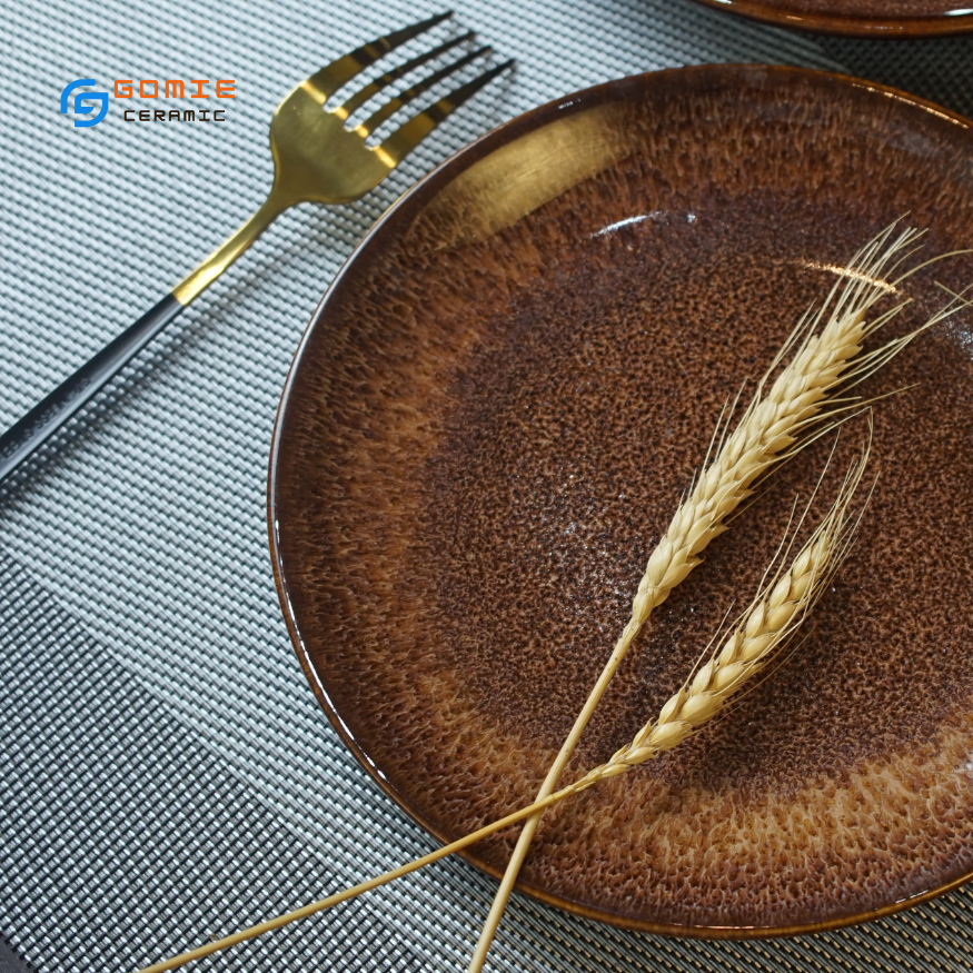 Đĩa tròn men nâu tuyết hỏa biến cao cấp GOMIE BÁT  TRÀNG chuyên dùng cho nhà hàng, khách sạn 5 sao