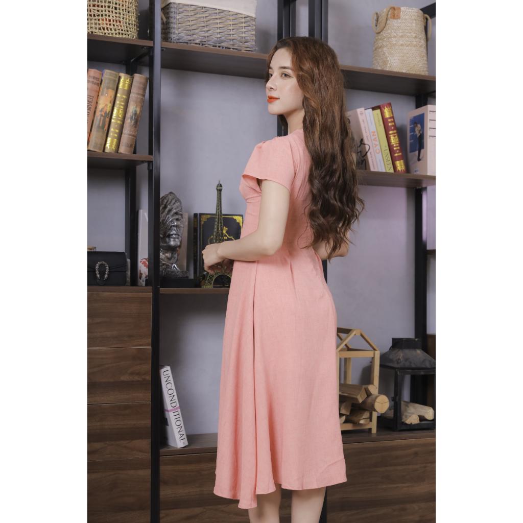 Váy Nữ Vải Xước Màu Hồng Cam Cao Cấp 23V044 Pi Style